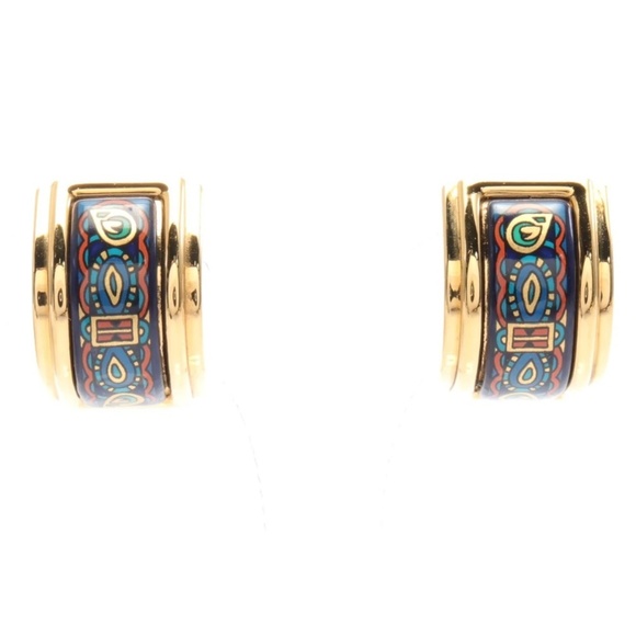 HERMES ENAMEL EARRINGS GP (GOLD PLATED) CLOISONNE GOLD BLUE EUC - Picture 1 of 6